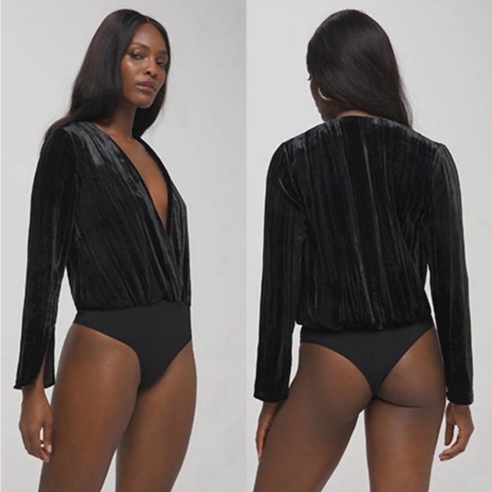 NEW Good American Velvet Wrap Bodysuit Plunging Deep V-Neck Thong Black 1/S
